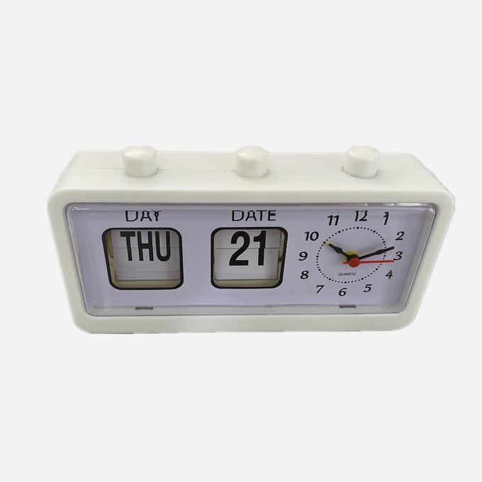 Bureau- en tafelwekker met handmatige springkalender, bureauwekker voor studeerkamer, kantoor, wit wit