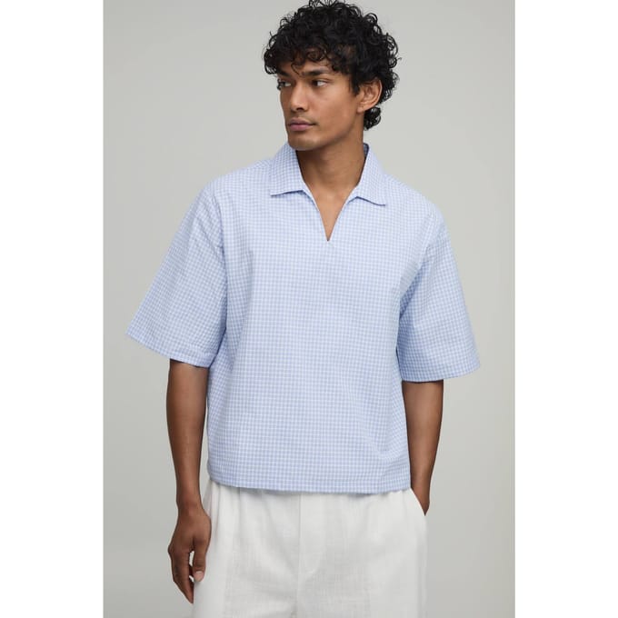 Oversized Boxy Poplin Check V-Neck Polo T-Shirt | Light Blue | Size Small