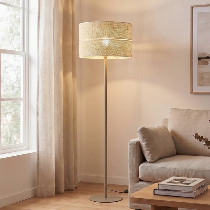 TK Lighting Vloerlamp Calma, beige, raffia, hoogte 159 cm, E27