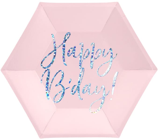 PARTYDECO - 6 roze Happy B'day iriserende kartonnen borden 20 cm zeshoekig