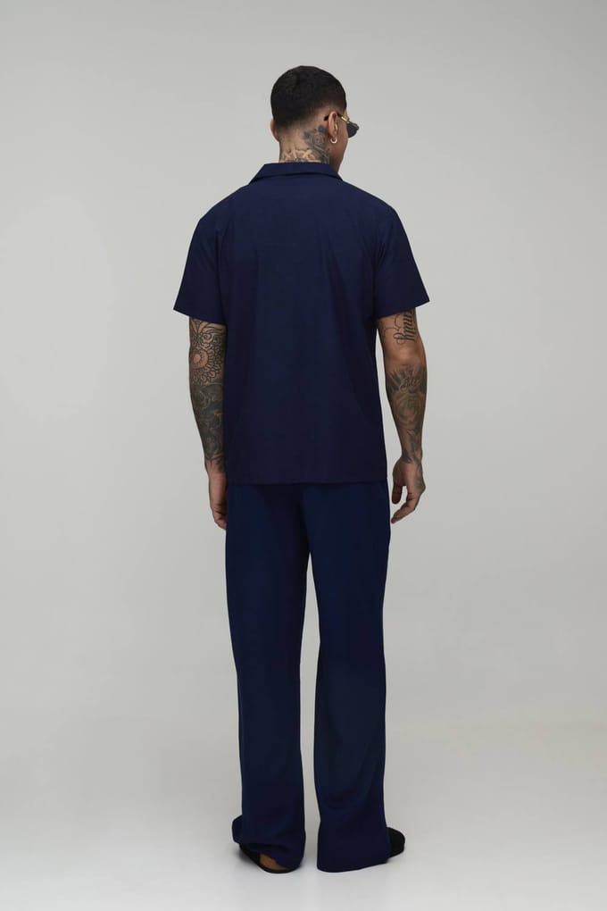 Lang Regular Korte Mouw Linnen Blend Overhemd | Navy | Size Small