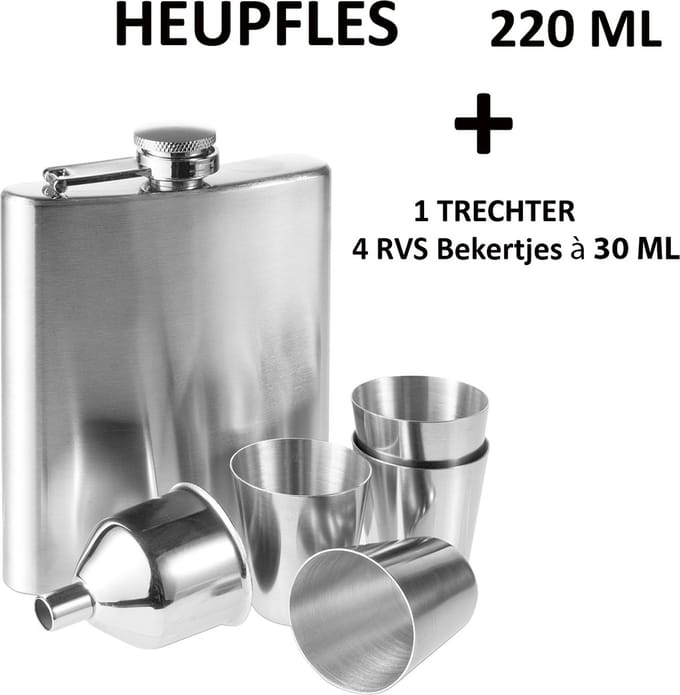 Heupfles - Zakflacon - Platvink - Veldfles - RVS - 4 Bekertjes & Trechter