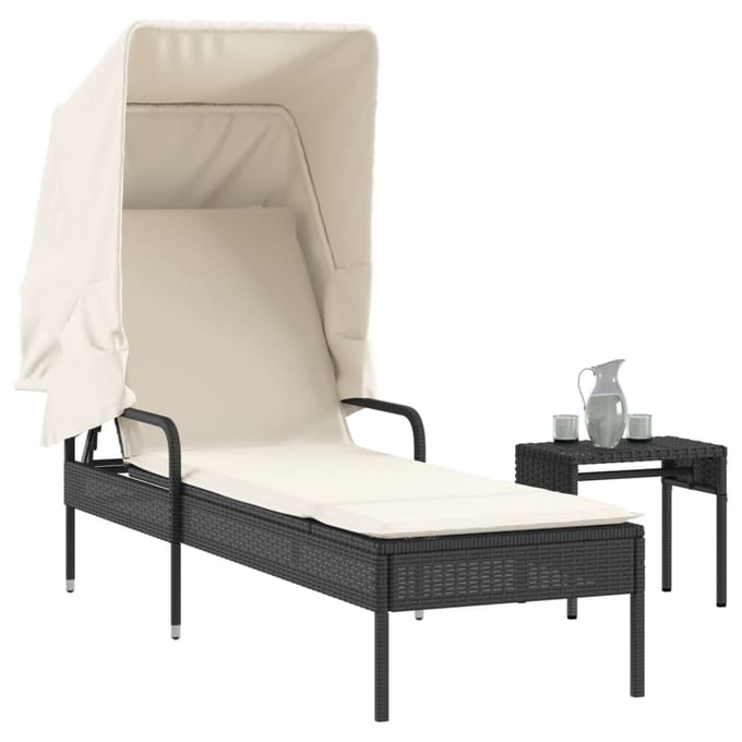 vidaXL - Ligbed - met - luifel - en - tafel - poly - rattan - zwart