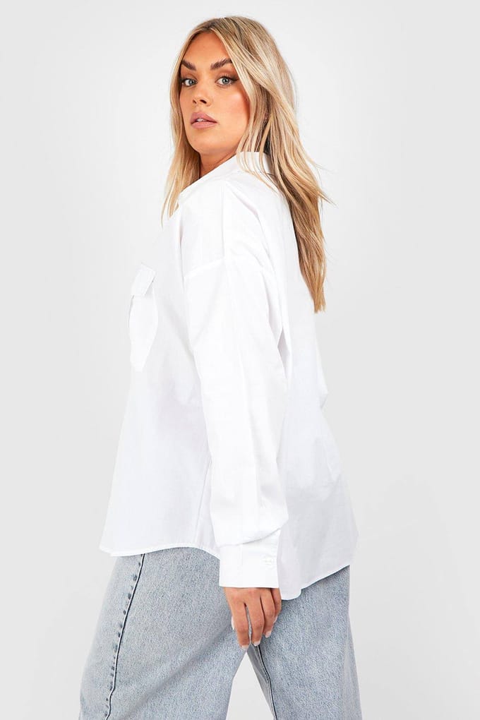 Dames Boohoo Basics Plus Oversized Katoenen Popeline Utility-Shirt | Wit | Maat: 52