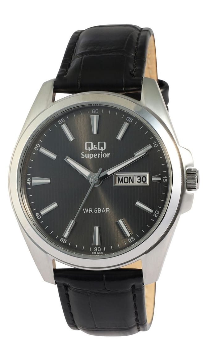 Q&Q Herenhorloge Echt leer zilverkleurig, datumweergave