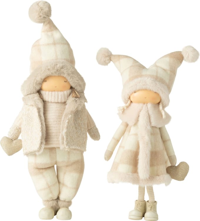 J-Line decoratie jongen + meisje winter hart beige - polyresin - large - 2 stuks
