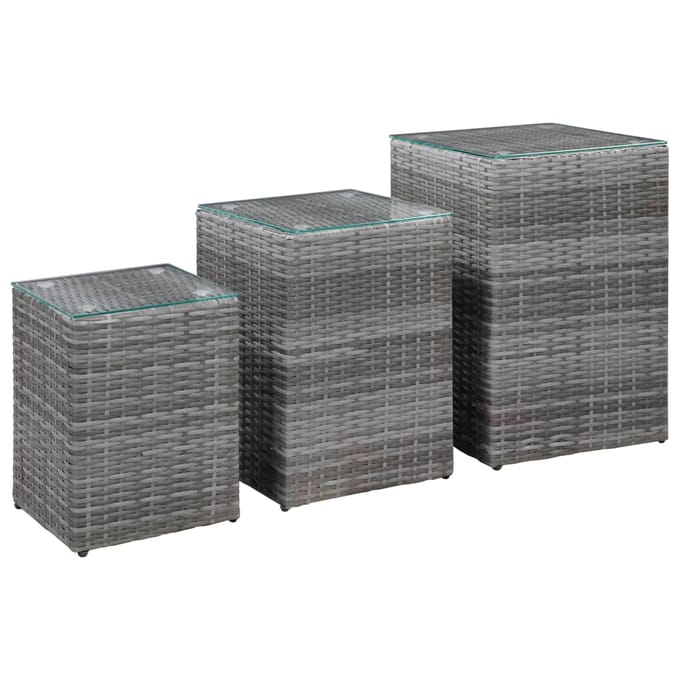 vidaXL - 3-delige - Bijzettafelset - met - glazen - blad - poly - rattan - grijs