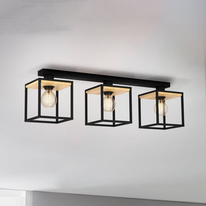EGLO Plafondlamp Libertad, lengte 86 cm, zwart/hout 3-lamps.