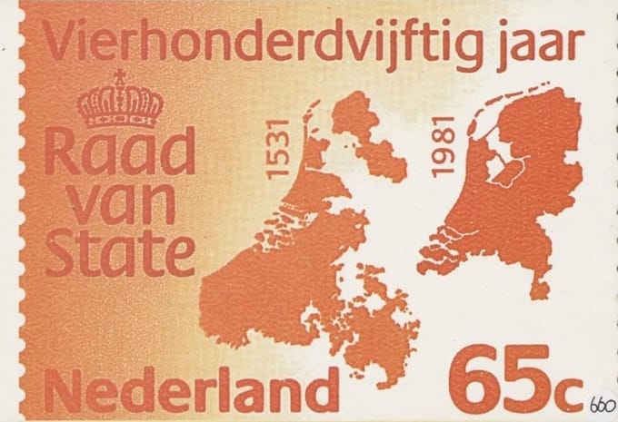 Briefkaart met afbeelding 450 jaar Raad van State postzegel