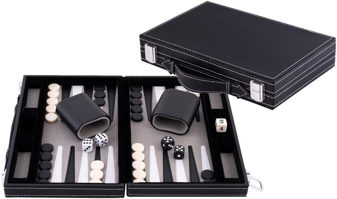 Backgammon 11 inch - Grijs, Zwart & Wit Gestikt Bord - Kunstlederen Koffer met Handvat - Engelhart