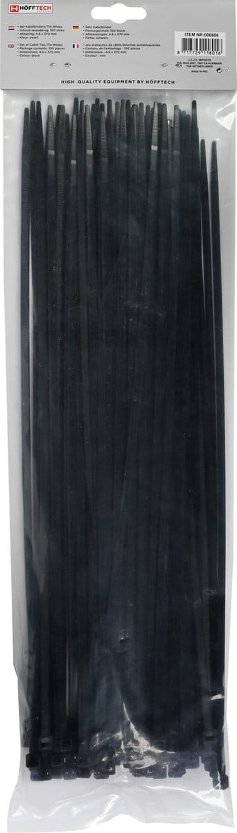 Hofftech Tie-Wraps - Kabelbinder - Tie-ribs -  Zwart 100 stuks 4,8 x 370 mm