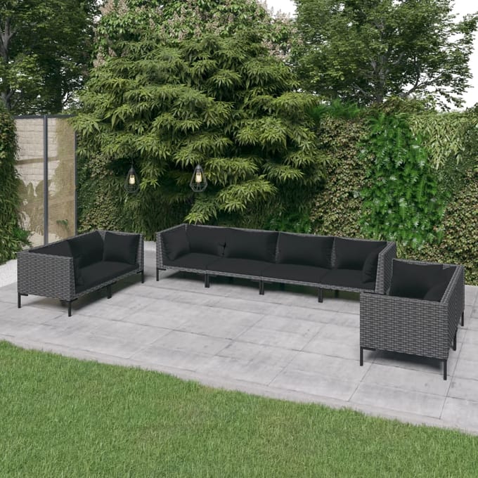 vidaXL - 8-delige - Loungeset - met - kussens - poly - rattan - donkergrijs