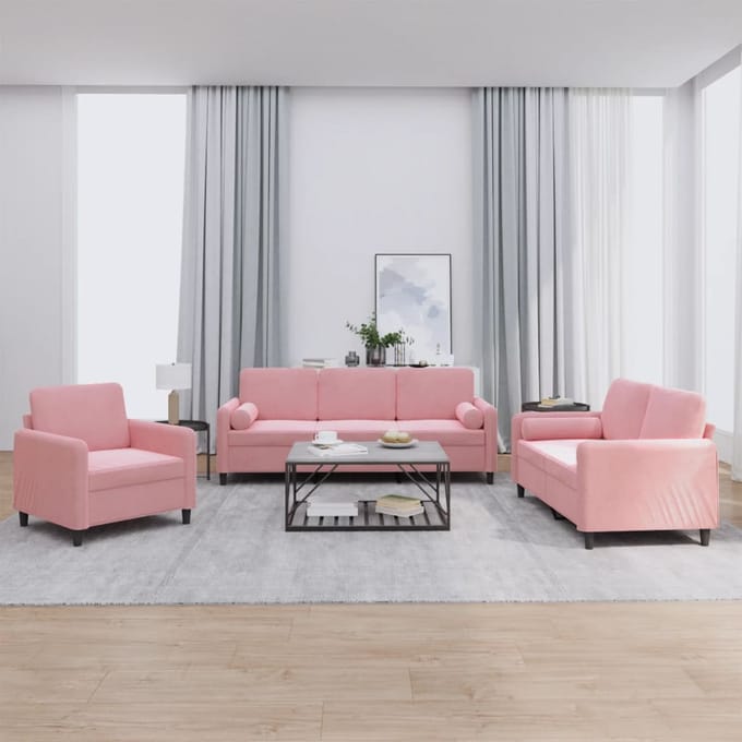 vidaXL - 3-delige - Loungeset - met - kussens - fluweel - roze