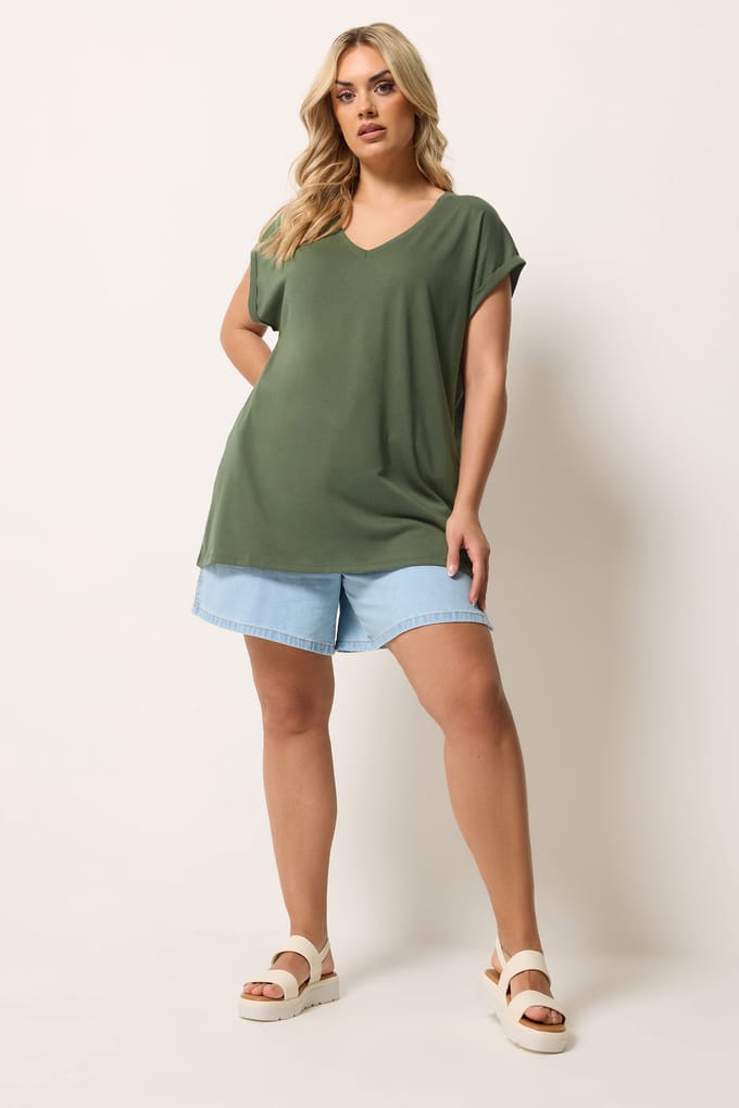 Yours Kaki Groene Basic Tshirt Met Vhals Size 40