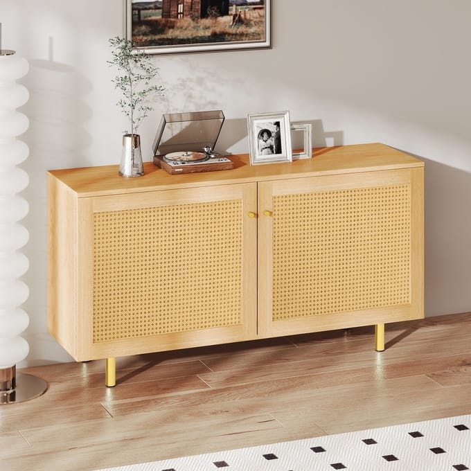 STILVORA Dressoir - Dubbele Deuren Met Rotanfront - Opbergkast Voor Eetkamer En Hal - MDF - Naturel - 120x40x63 Cm