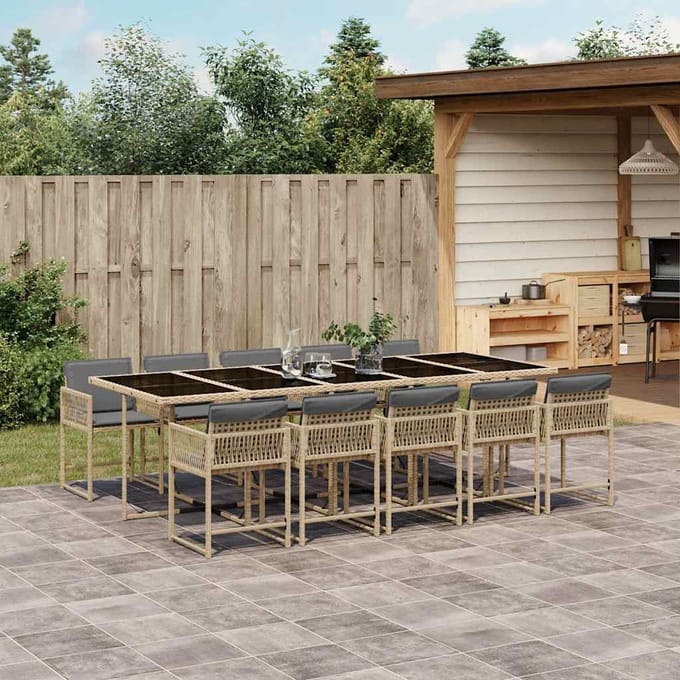 vidaXL - 11-delige - Tuinset - met - kussens - poly - rattan - gemengd - beige