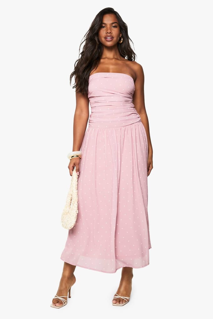 boohoo Dames Chiffon Polka Dot Bandeau Midaxi Jurk | Lichtroze | Maat: 40