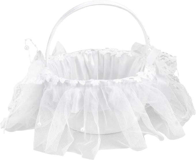 Bloemenmeisje Mand - Bruiloft Accessoire - Bruiloft Ceremonie - Wit Kant Versierd - 20x17x20 cm - Wit