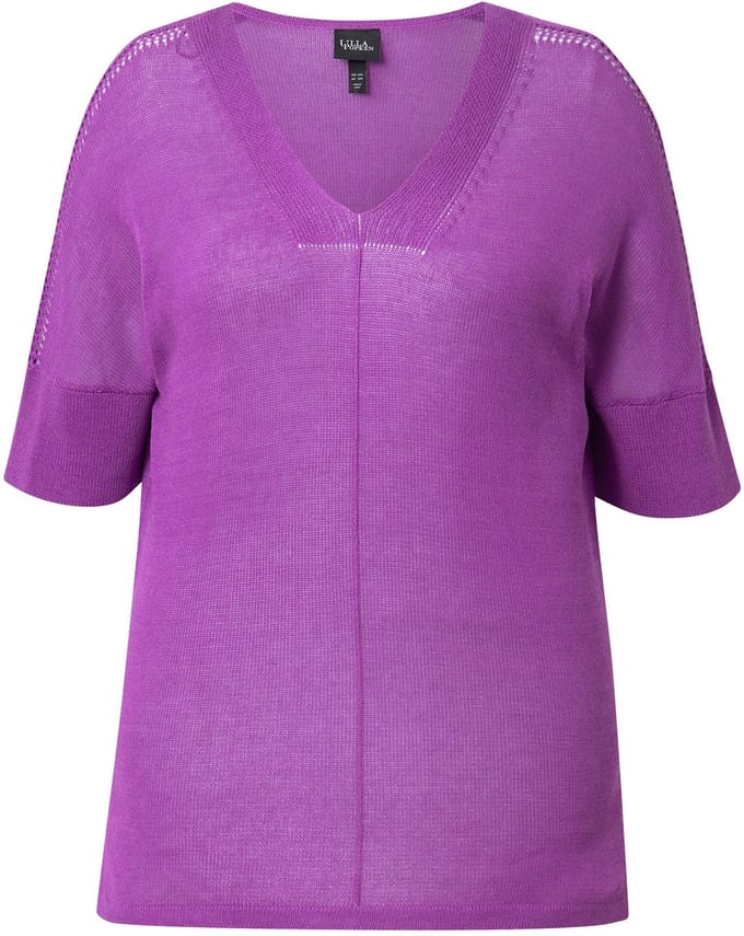 Ulla Popken - Dames - Pullover siernaad oversized V-hals halve mouwen - Paars - Maat 46+
