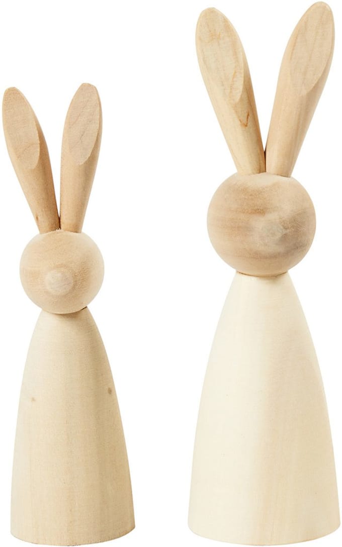 Houten konijnen, H: 12+14 cm, D: 3,5+4 cm, 2 stuk/ 1 doos