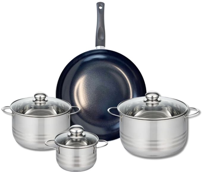 Set van 1 Koekenpan 32 cm en 3 kookpotten 14, 20 en 24 cm Elo Prima Glanzend