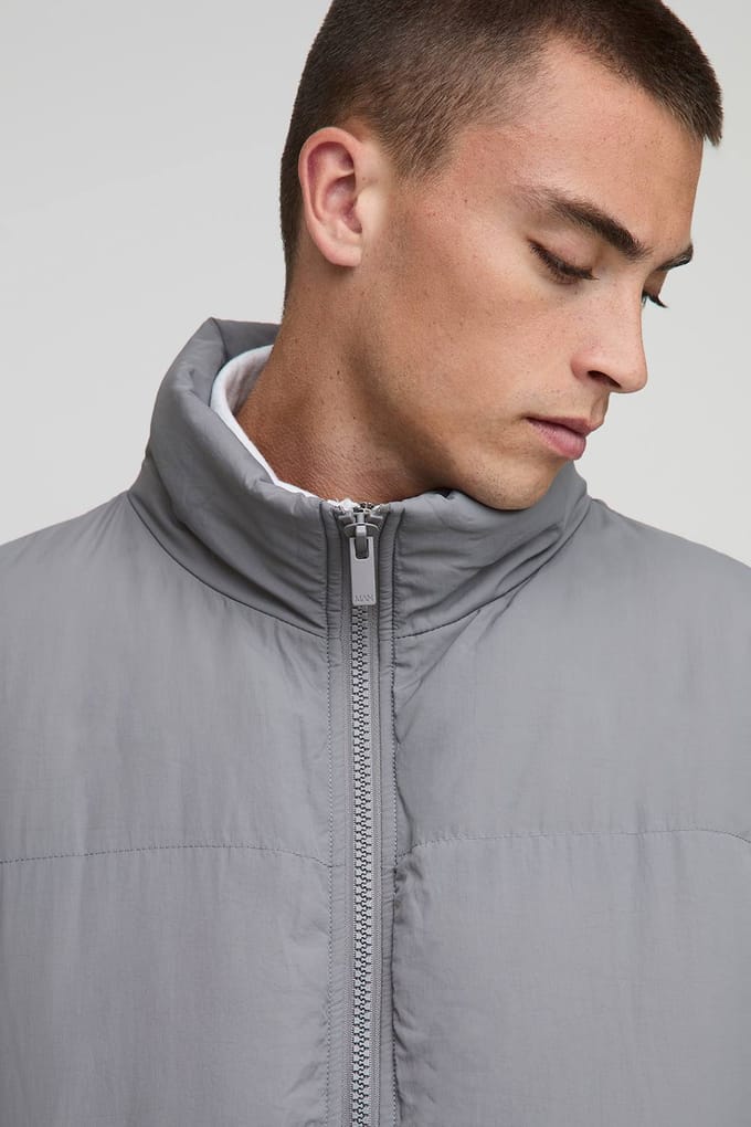 Oversized Crinkle Nylon Funnel Neck Longline Puffer Jacket | Grey | Size Medium