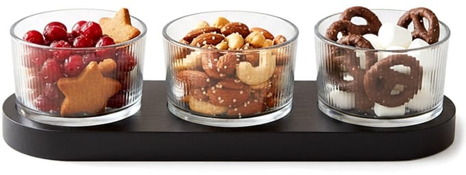 Excellent Houseware - Snack Kommen Set - Glas en Hout - 4 Delig - Transparant en Zwart