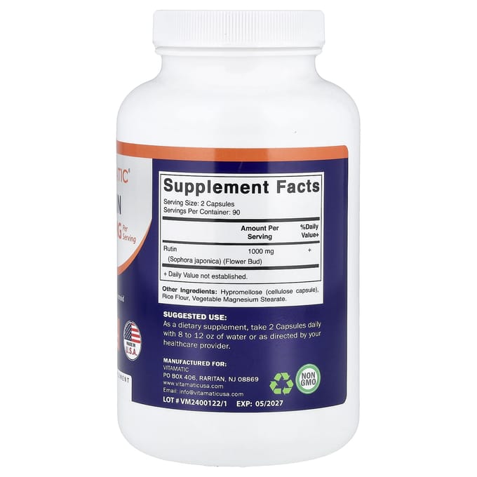 Vitamatic, Rutine, Capsules Végétales, 180 Capsules (500 mg par capsule)