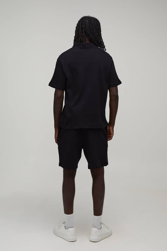 Oversized Boxy Polo En Short Set Met Contrasterende Biesjes En Geborduurd Detail | Black | Size Medium