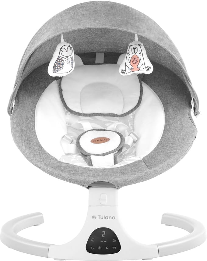 Tulano Astrid 35 Elektrische Babywipstoel - Met Bluetooth, Timer & Bewegingssensor - Inclusief Klamboe - Grijs/Wit