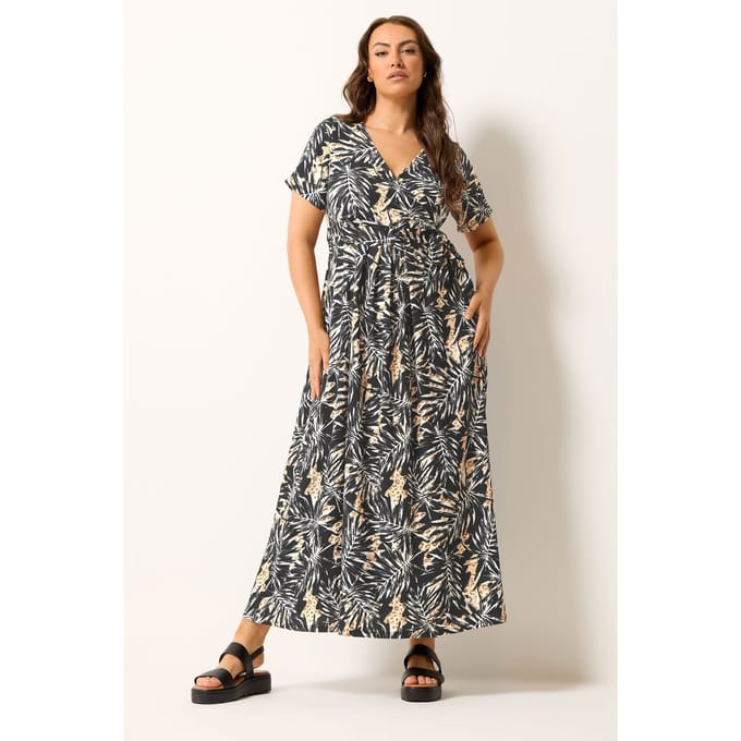 Yours Zwarte Maxi Wikkeljurk Met Bladprint Size 48