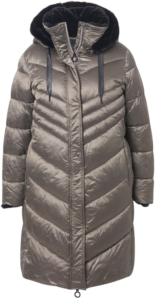 Ulla Popken - Dames - HYPRAR doorgestikte mantel metallic look imitatiebont - Goud - Maat 42+