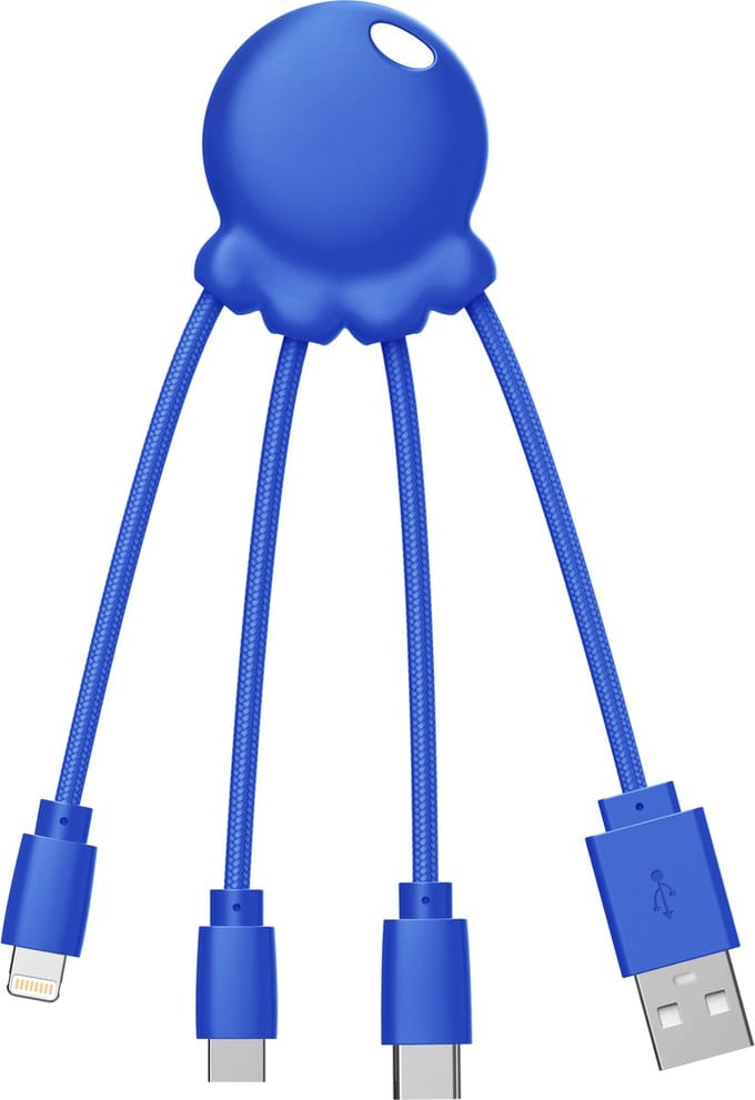Xoopar Octopus Recycled 3-in-1 Laadkabel – USB naar USB-C, Lightning en Micro-USB – Compacte Multilaadkabel – 0,1 m – Blauw