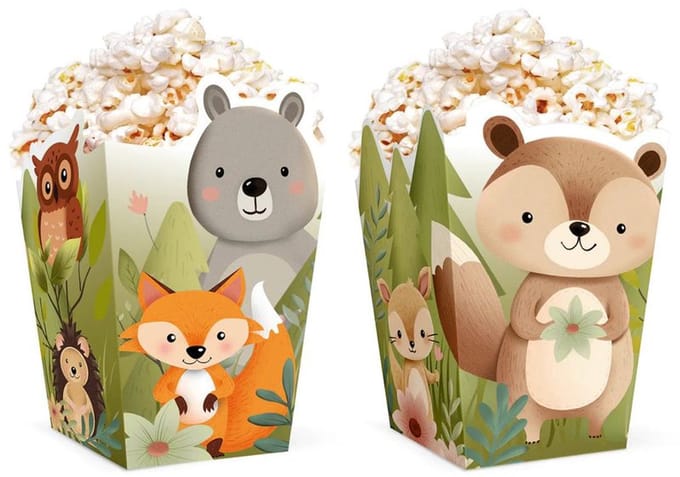 6 popcornbakjes met dieren in het bos, 15x8,5 cm