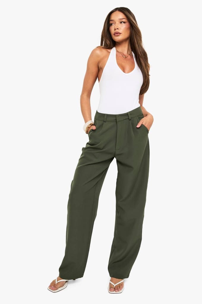 boohoo Dames Geplooide Voorkant Geweven Rechte Pijp Broek | Kaki | Maat: 34