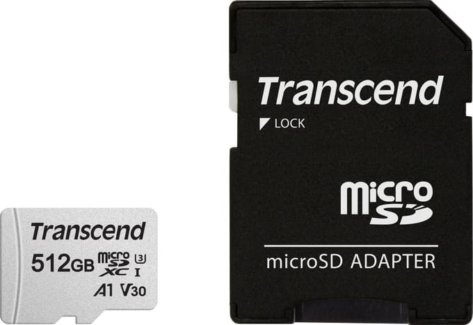 Transcend Premium 300S microSDXC-kaart 512 GB Class 10, UHS-I, UHS-Class 3, v30 Video Speed Class, A1 Application Performance Class Incl. SD-adapter