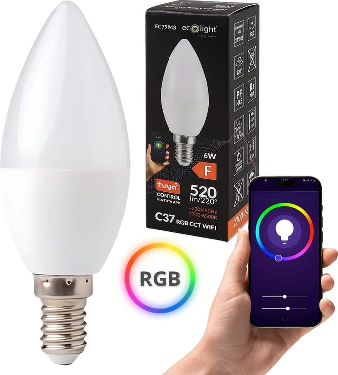 Gloeilamp kaars CANDLE E14 6W RGB CCT 520lm Wifi tuya – warm wit, energiezuinig