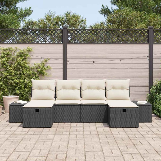 vidaXL Tuinbank Set met kussen met opslag 6 pcs poly rattan
