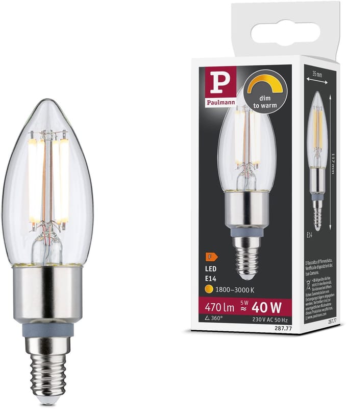 Filament 230 V LED kaars E14 470lm 5W Dim to warm dimbaar Helder