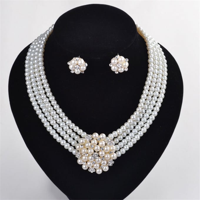 N3 Collecties Imitatie Sieraden Set Multilagen Parelketting Grote Bloem
