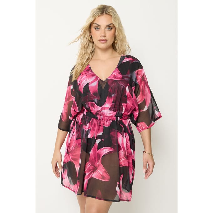 Yours Zwart En Roze Mesh Bloemenprint Strandkaftan Size 62-64