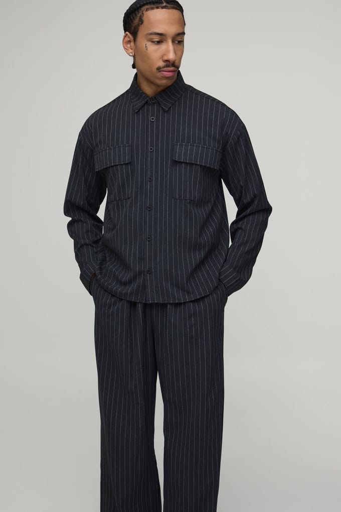 Pinstripe Oversized Shirt & Wide Leg Pleat Front Trouser Set | Charcoal | Size Medium