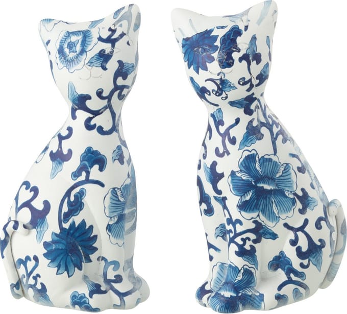 J-Line figuur Kat Patroon - polyresin - blauw/wit - small - 2 stuks