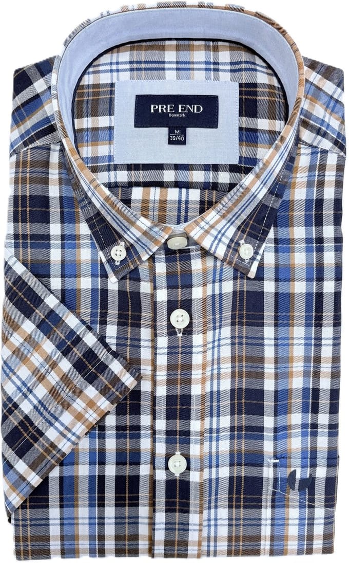Pre End Overhemd - Korte mouw - Geruit - Strijkvrij - Regular fit - Blauw - Maat M