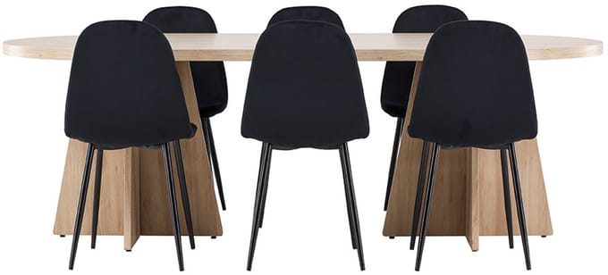 Bootcut eethoek tafel 115x230cm en 6 velours stoelen naturel.