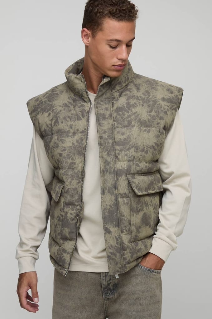 Lange gewassen cord oversized pufferjas met trechterkraag | Khaki | Size Medium