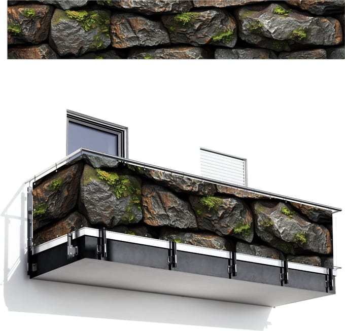 Balkonscherm 500x85 cm - Balkonposter Stenen - Mos - Grijs - Groen - Balkon scherm decoratie - Balkonschermen - Balkondoek zonnescherm