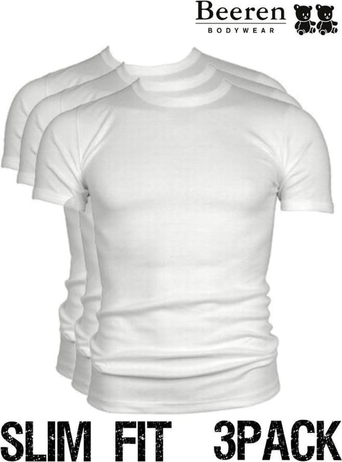 Beeren heren T-Shirt - Ronde Hals - maat L - 3-Pack - Wit - Slim Fit