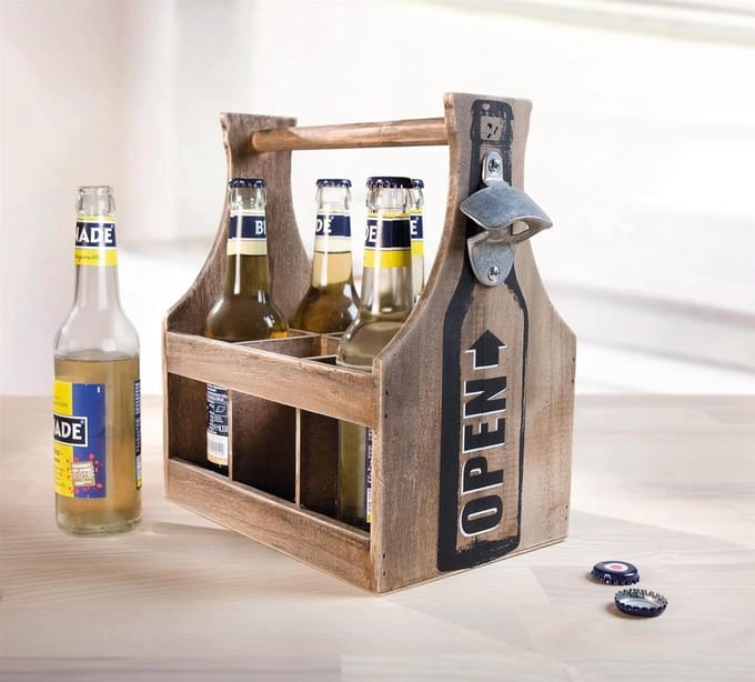 Houten Flessendrager voor Sixpack met Flesopener