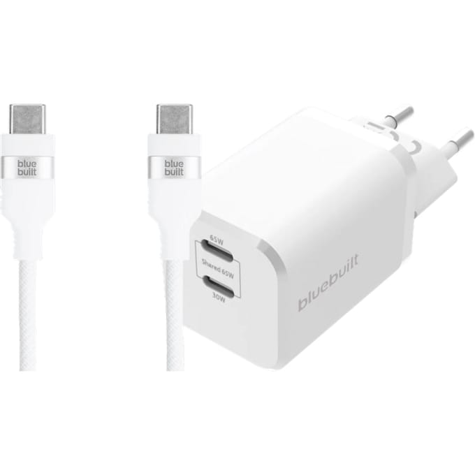 BlueBuilt Power Delivery Oplader met 2 Usb C Poorten 65W + Usb C Kabel 3m Nylon Wit